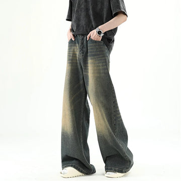 Riolio Men Denim Pants Old Blue Washed Male Jeans Straight Casual Menwear Loose Wide Leg Trousers New Fashion Korean High Street Denim